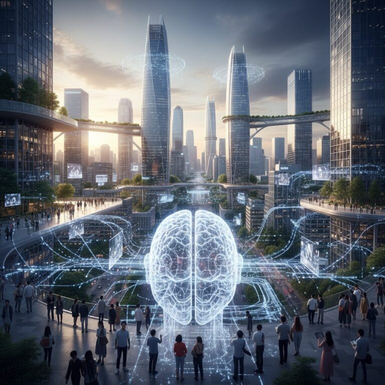 미래 도시 풍경과 조화를 이루는 AI 기술을 상징하는 그래픽