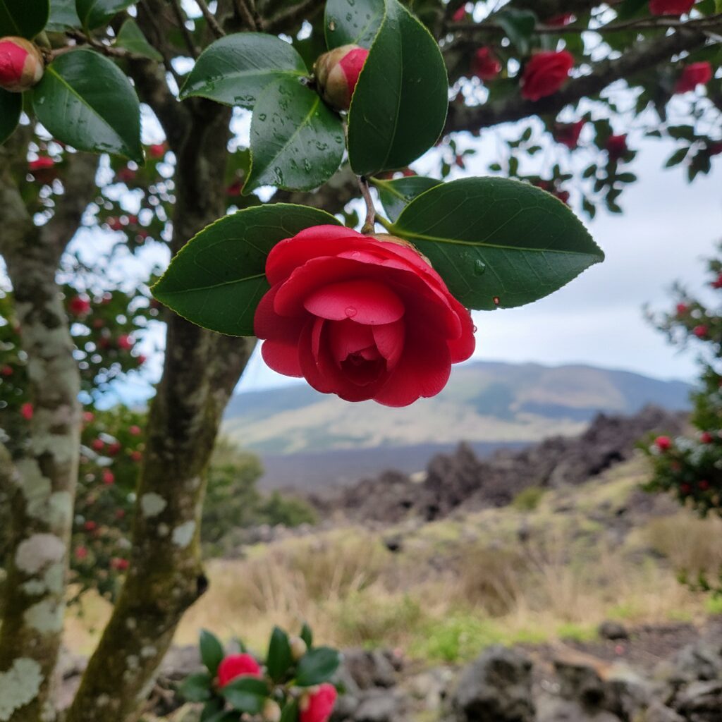 한라산 기슭 동백나무에 매달린 꽉 찬 붉은 봉오리
