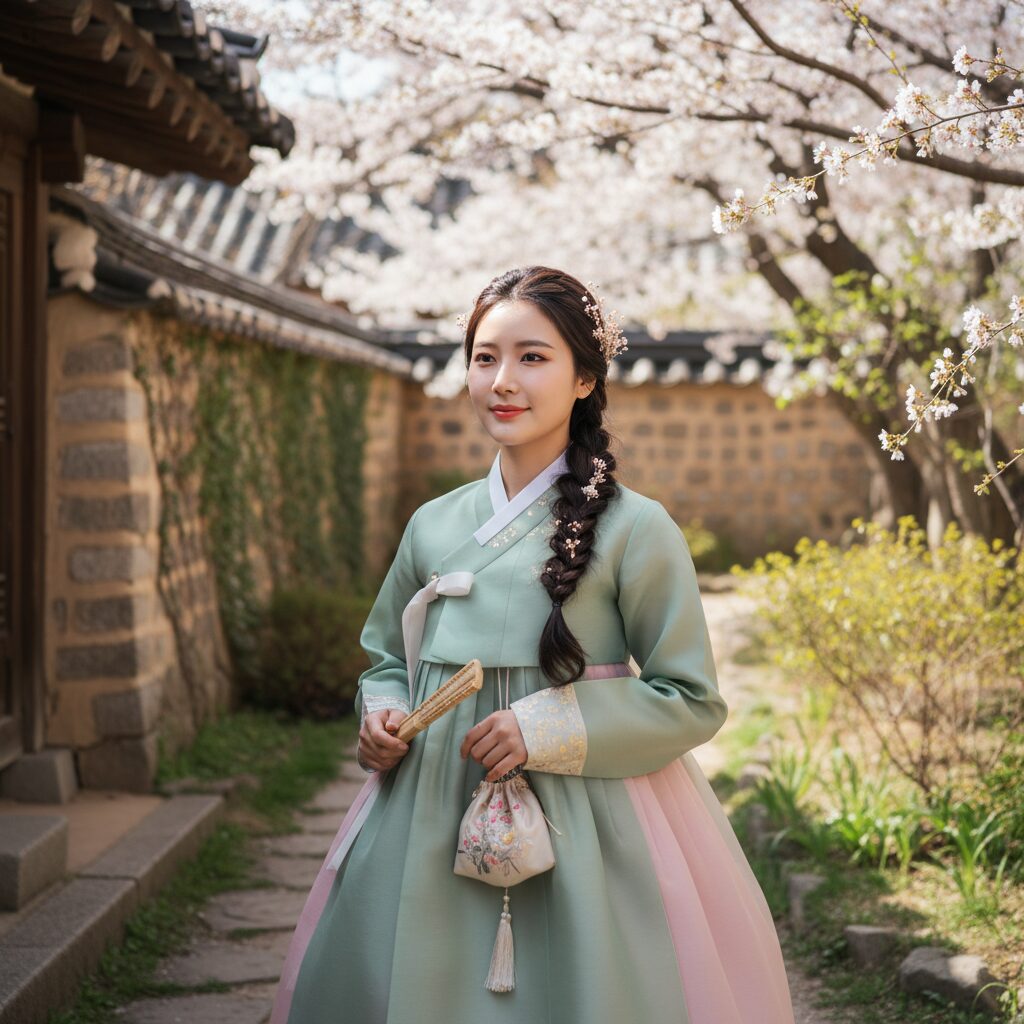 한복을 입고 자연스러운 메이크업과 땋은 머리 스타일을 한 여성