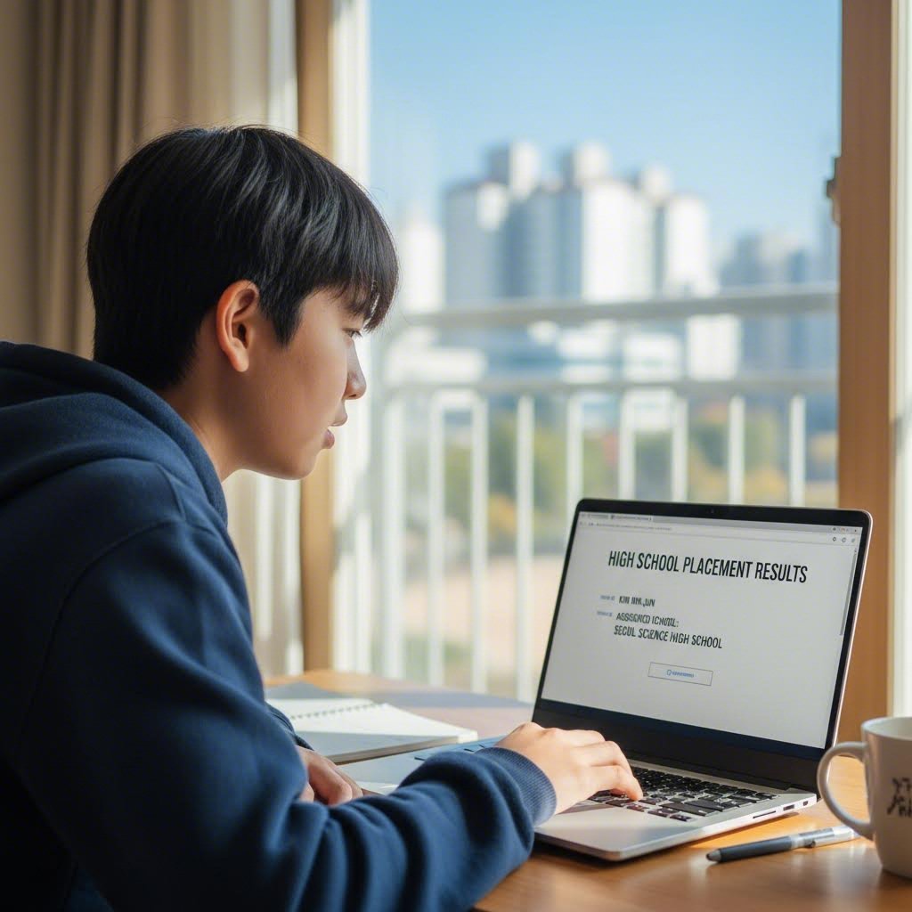 노트북 화면에서 고등학교 배정 결과 확인하는 모습