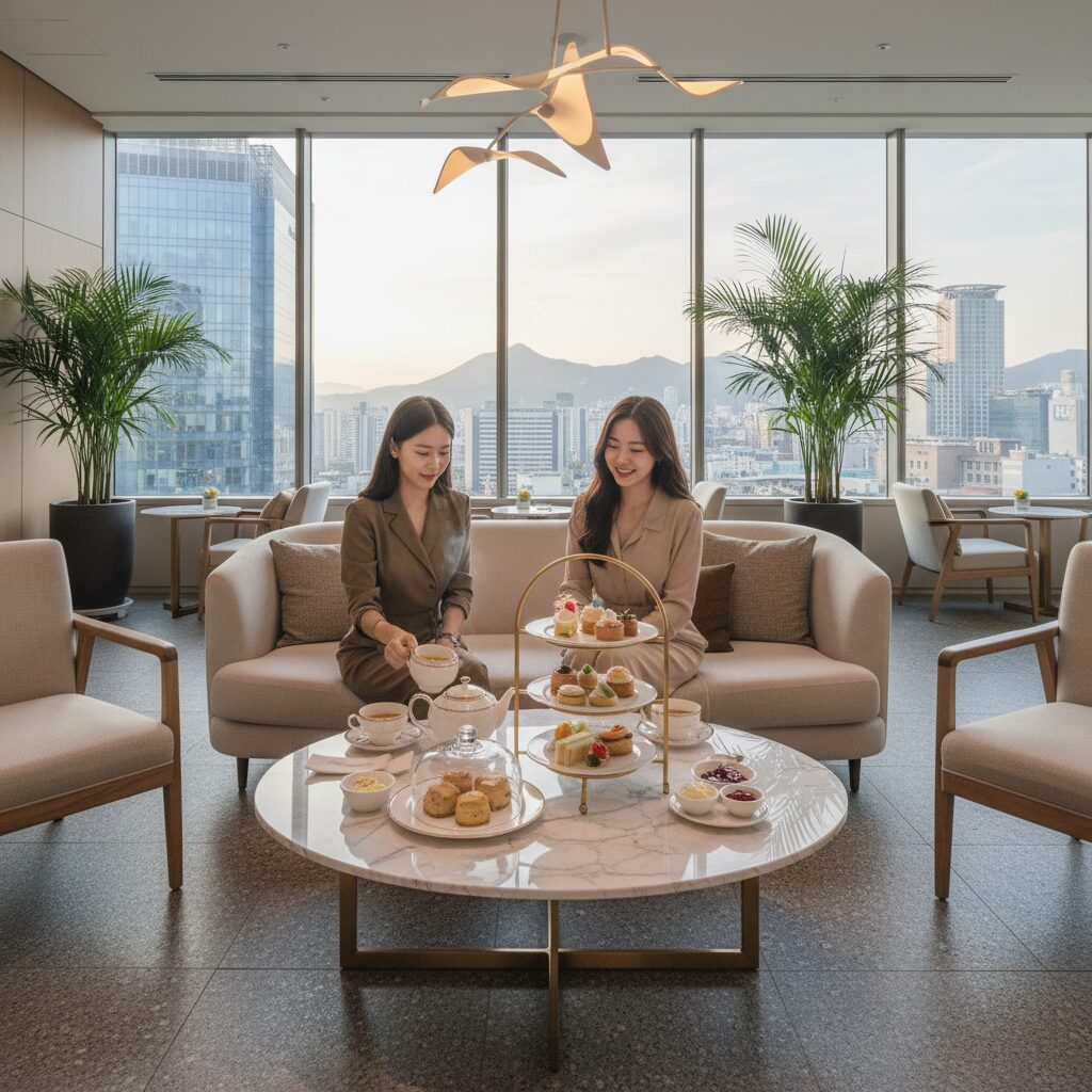 현대적 인테리어의 호텔 라운지에서 제공되는 예쁜 애프터눈티 세트
