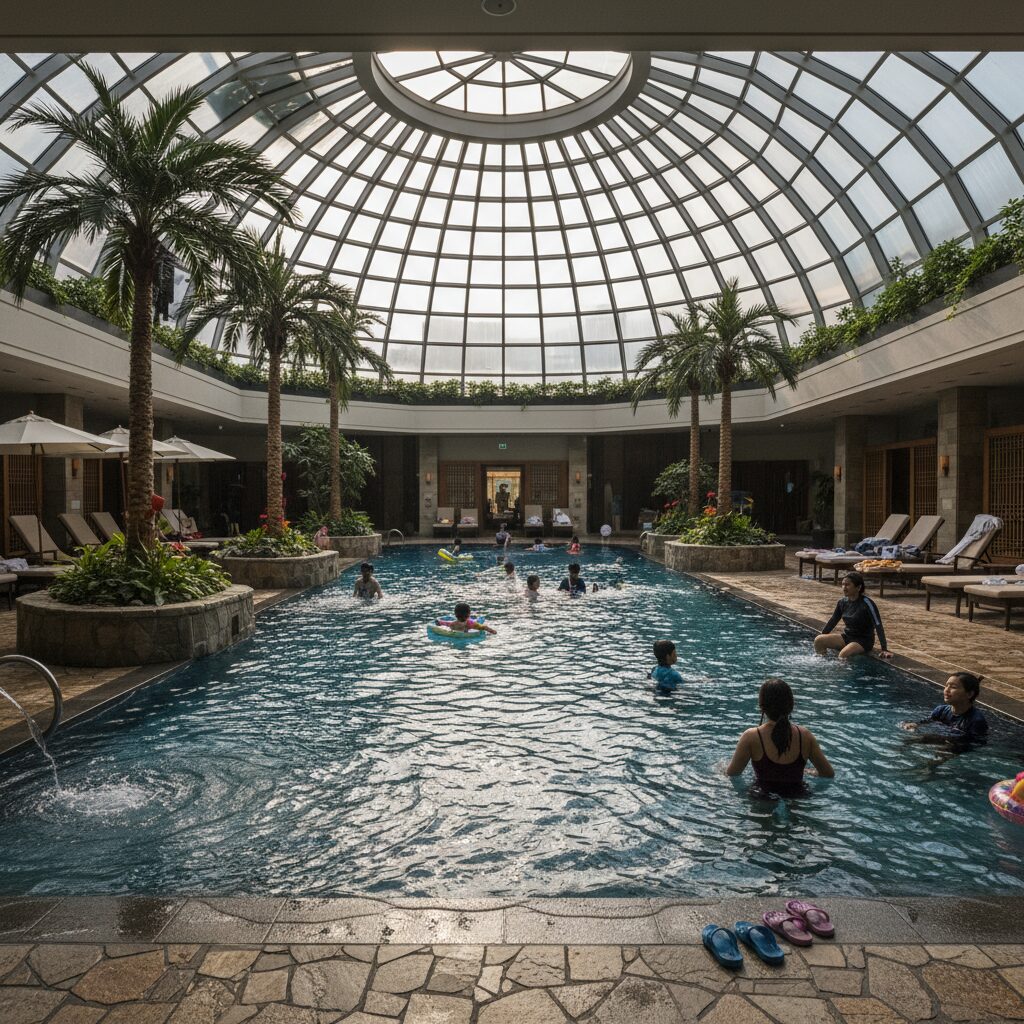 호텔 실내 수영장에서 수영하는 사람들의 모습