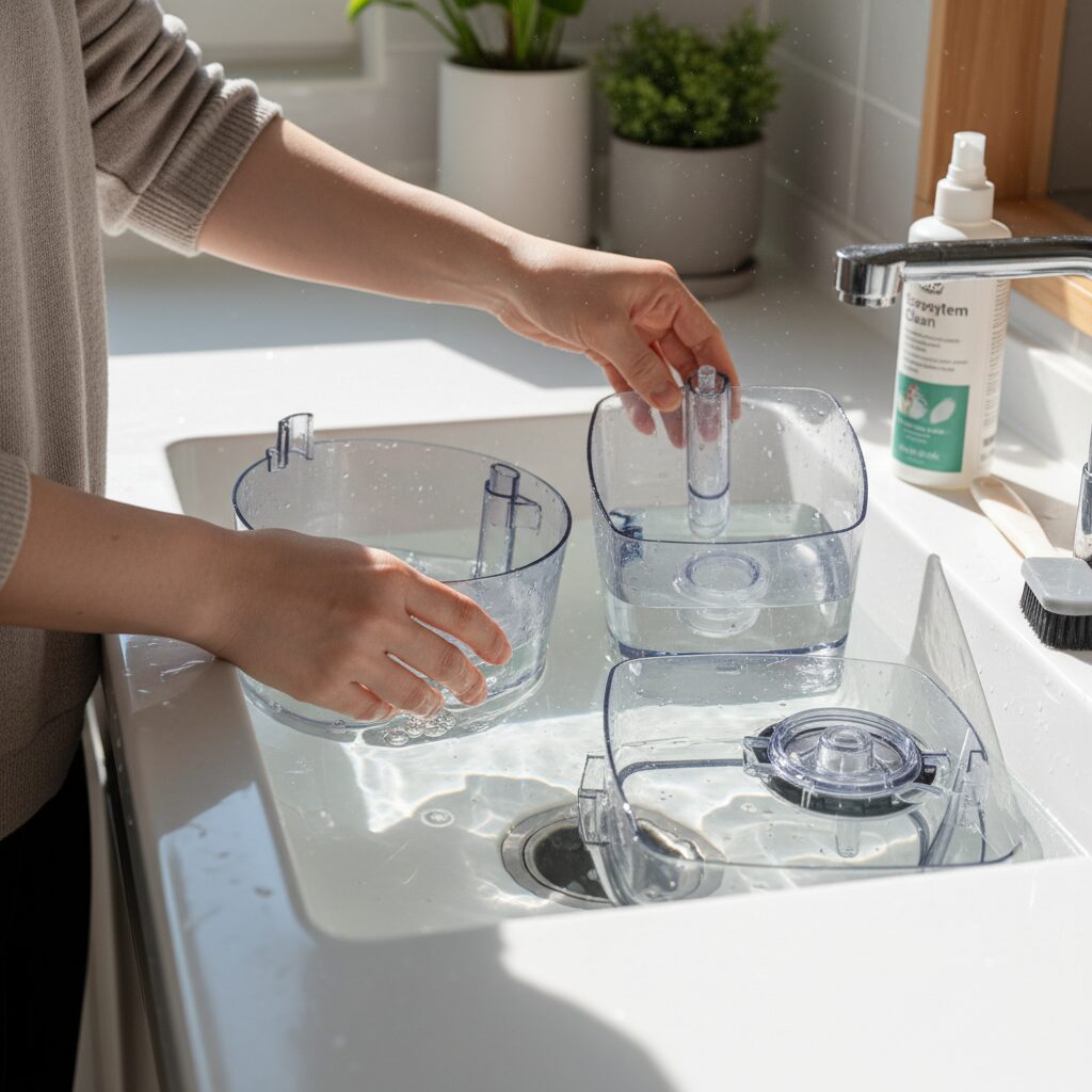 가습기 세척 제대로 하는 법 분해된 가습기 부품들을 물에 담가 두고 있는 모습