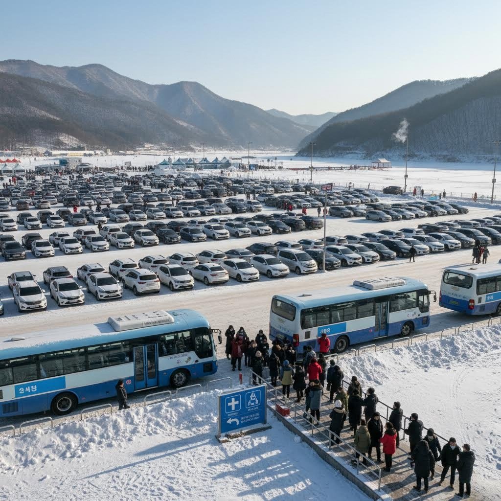 화천 산천어축제 예약자 주차장과 셔틀버스 승강장 모습