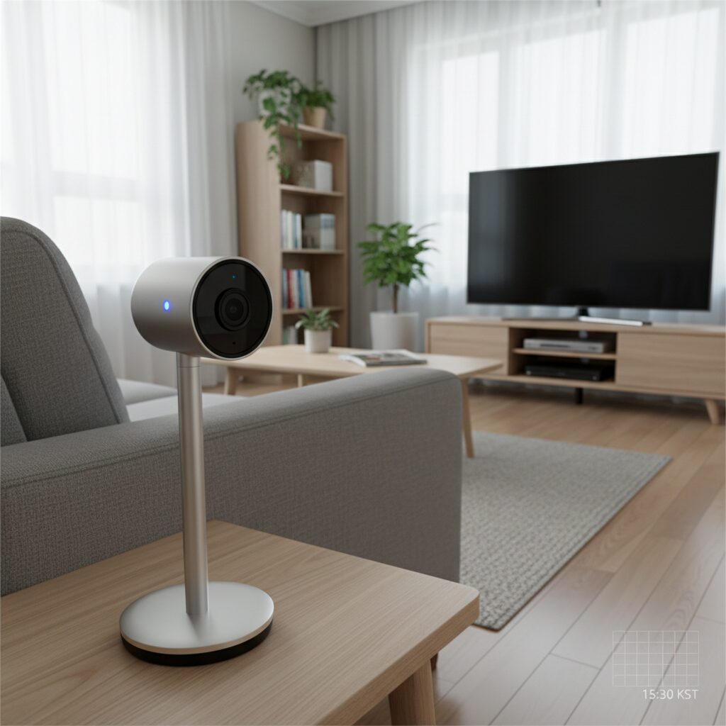 거실 소파 옆에 설치된 실내 CCTV 카메라가 집 안을 모니터링하는 모습