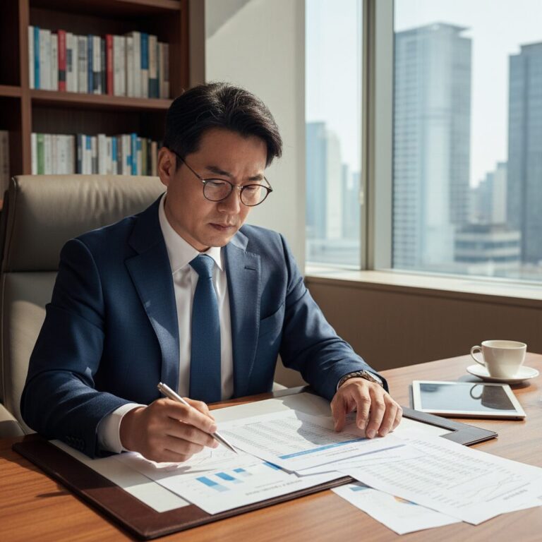 투자자가 재무제표를 유심히 살펴보는 모습