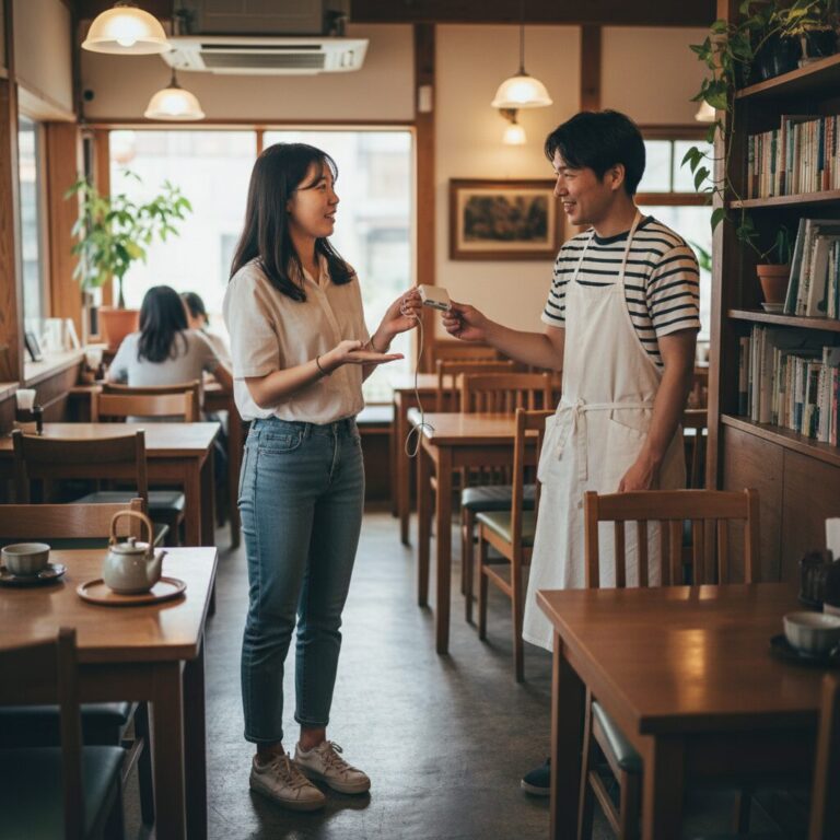 일본 카페 내부에서 콘센트를 사용하기 전 직원에게 문의하는 모습