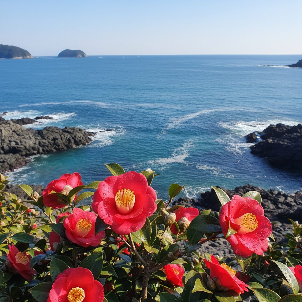 서귀포 해안가 푸른 바다 배경에 핀 붉은 제주 동백꽃