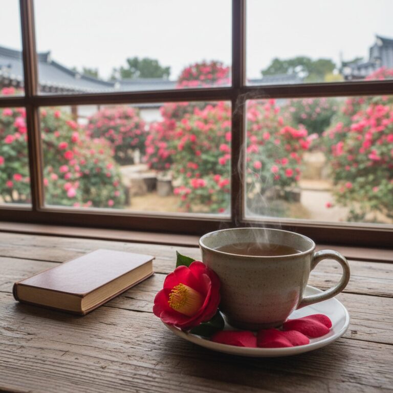 창밖 동백꽃이 보이는 카페 테이블 위의 동백꽃과 따뜻한 차