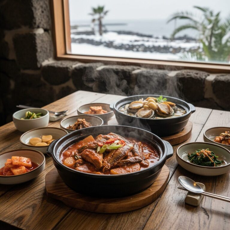 제주도 겨울 갈치조림과 전복 요리