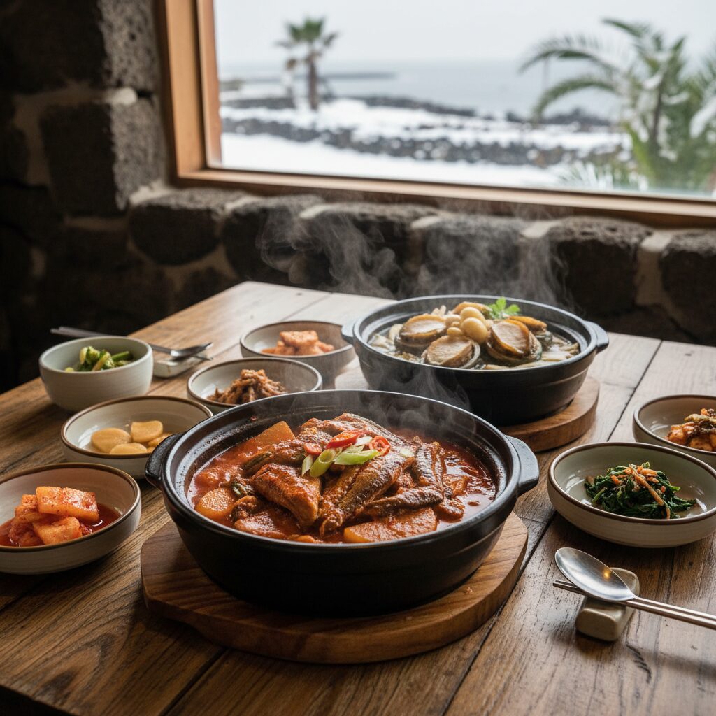 제주도 겨울 갈치조림과 전복 요리