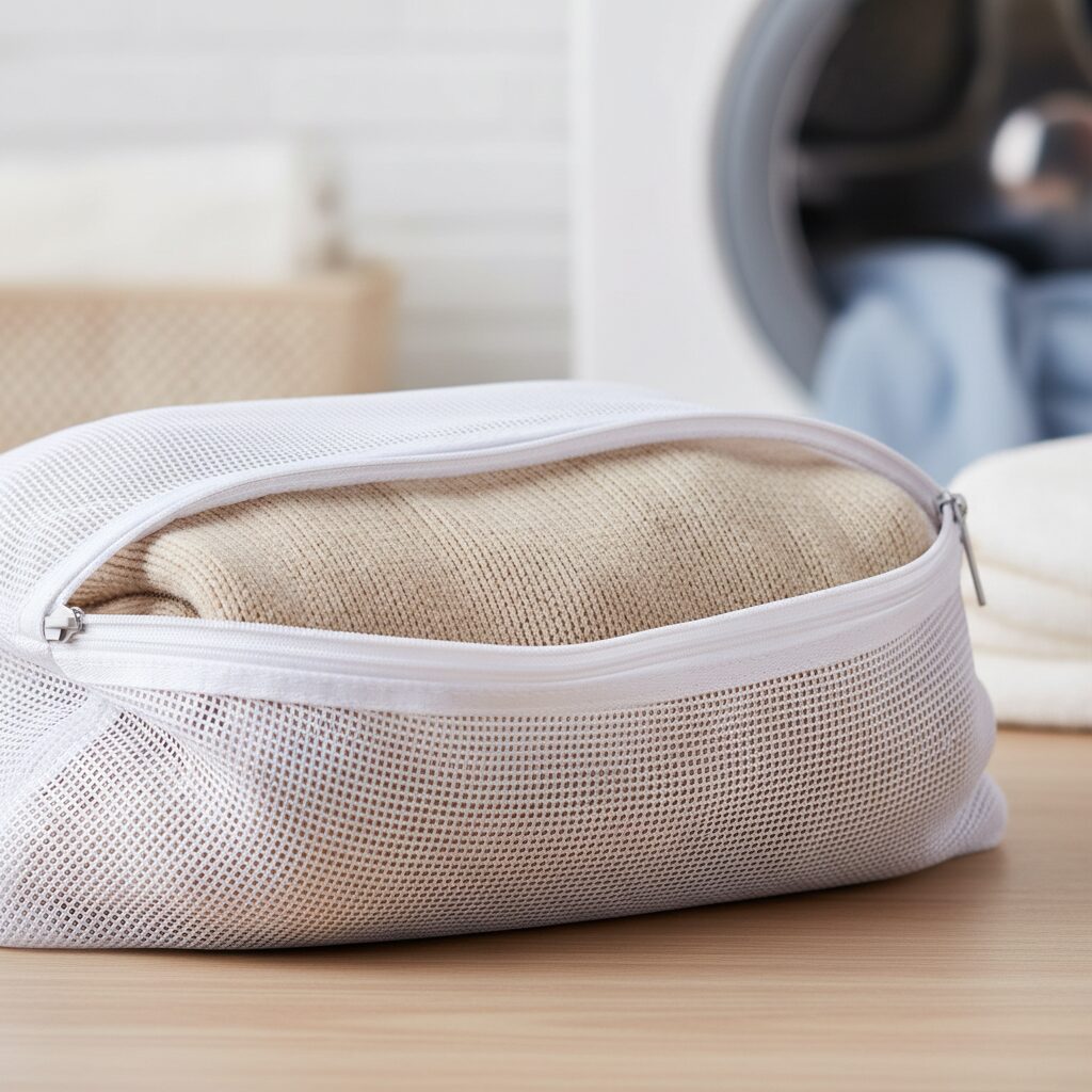 흰색 세탁망 속에 접어서 넣어진 베이지색 니트 스웨터