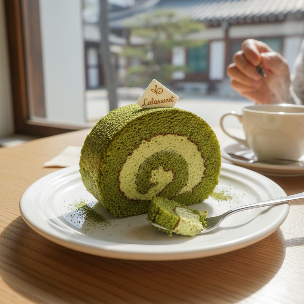접시에 담긴 라라스윗 저당 말차롤 촉촉한 시트와 가득찬 크림