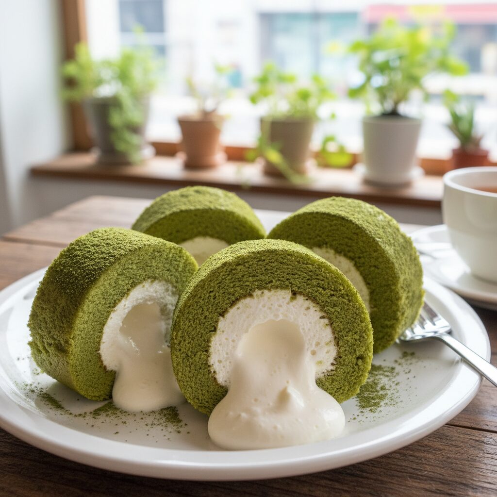 한 입 크기로 잘린 라라스윗 저당 말차롤 단면 크림이 가득