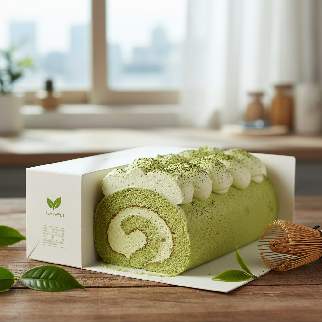 필름을 제거한 라라스윗 저당 말차롤 케이스 안에 부드러운 말차 크림이 가득