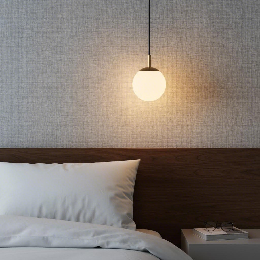 침실 침대 머리맡 벽에 매달린 작은 사이즈의 구형 LED 팬던트 조명이 은은하게 빛나고 있는 모습