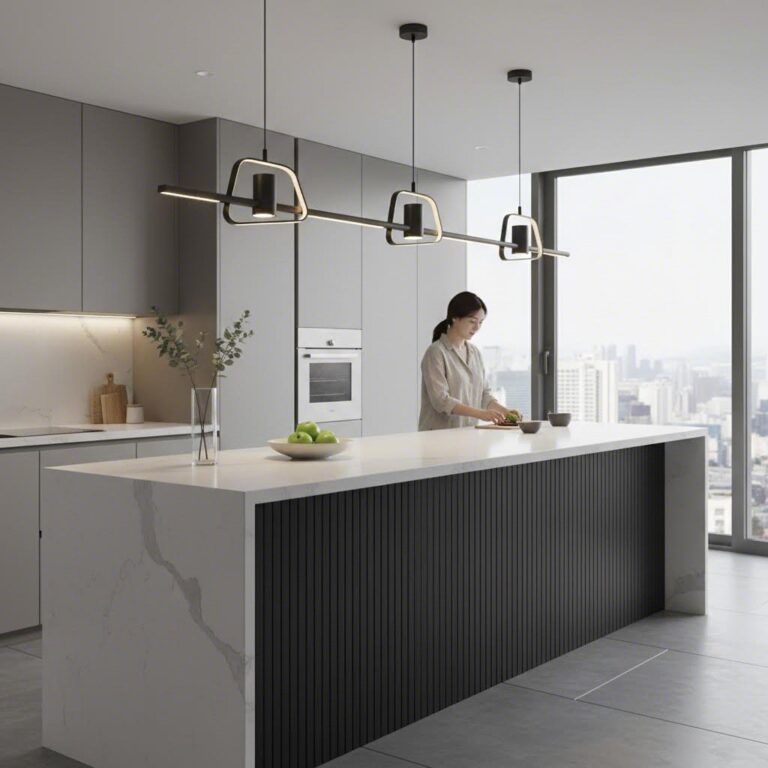 주방 아일랜드 카운터 위에 세 개의 금속 디자인 LED 팬던트 조명이 일렬로 매달려 있는 모던한 인테리어