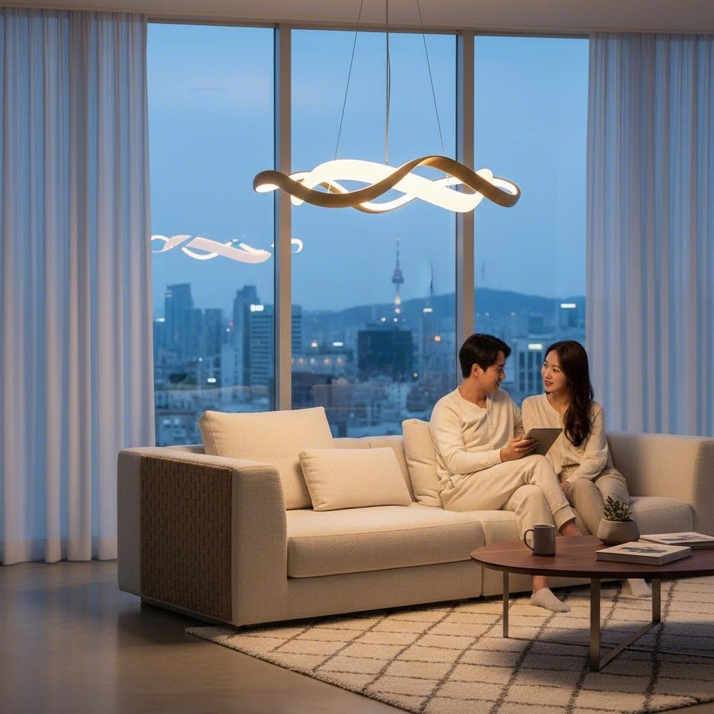 거실 소파 위에 매달린 모던한 디자인의 LED 팬던트 조명이 따뜻한 노란빛을 발산하고 있는 인테리어 사진