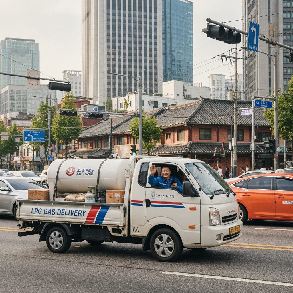 1톤 LPG 트럭이 도시에서 배송 업무를 수행하는 모습