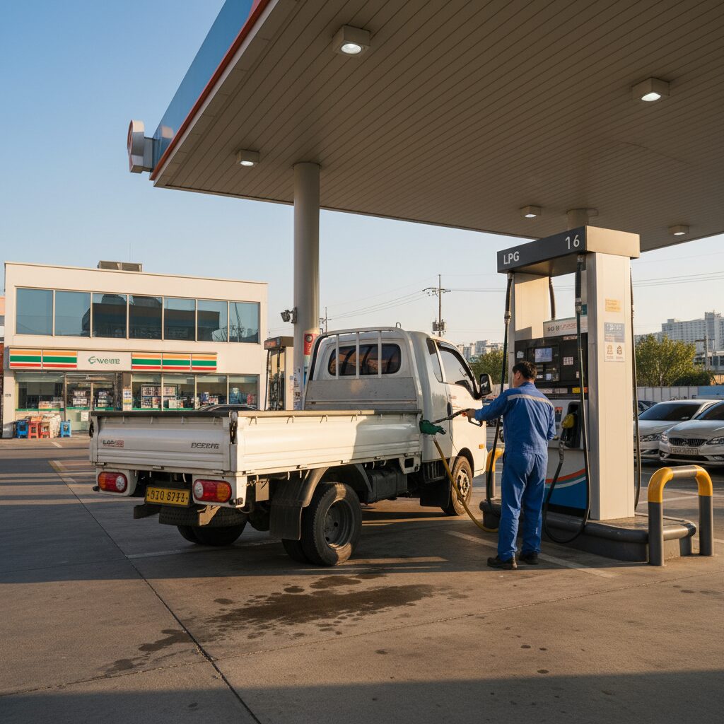 1톤 LPG 트럭 장점과 현실적인 선택 이유 1톤 LPG 트럭 주유소에서 연료 충전하는 모습
