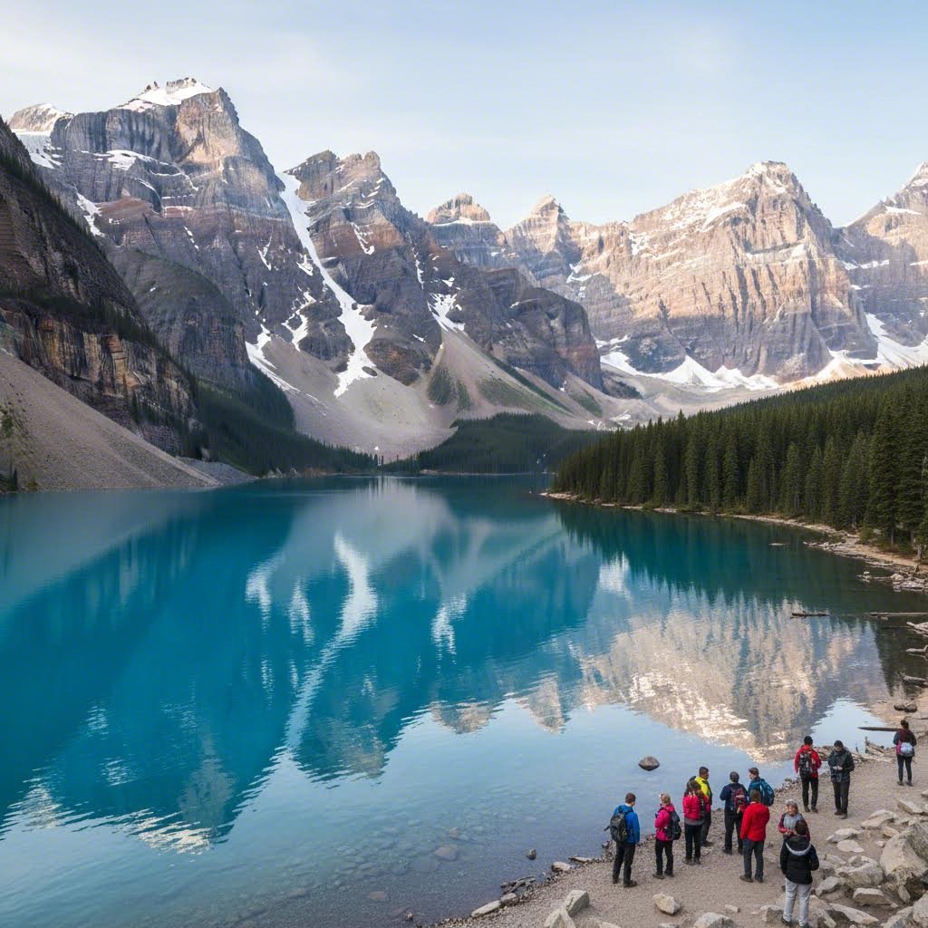 캐나다 모레인 레이크 푸른 호수와 주변 산봉우리