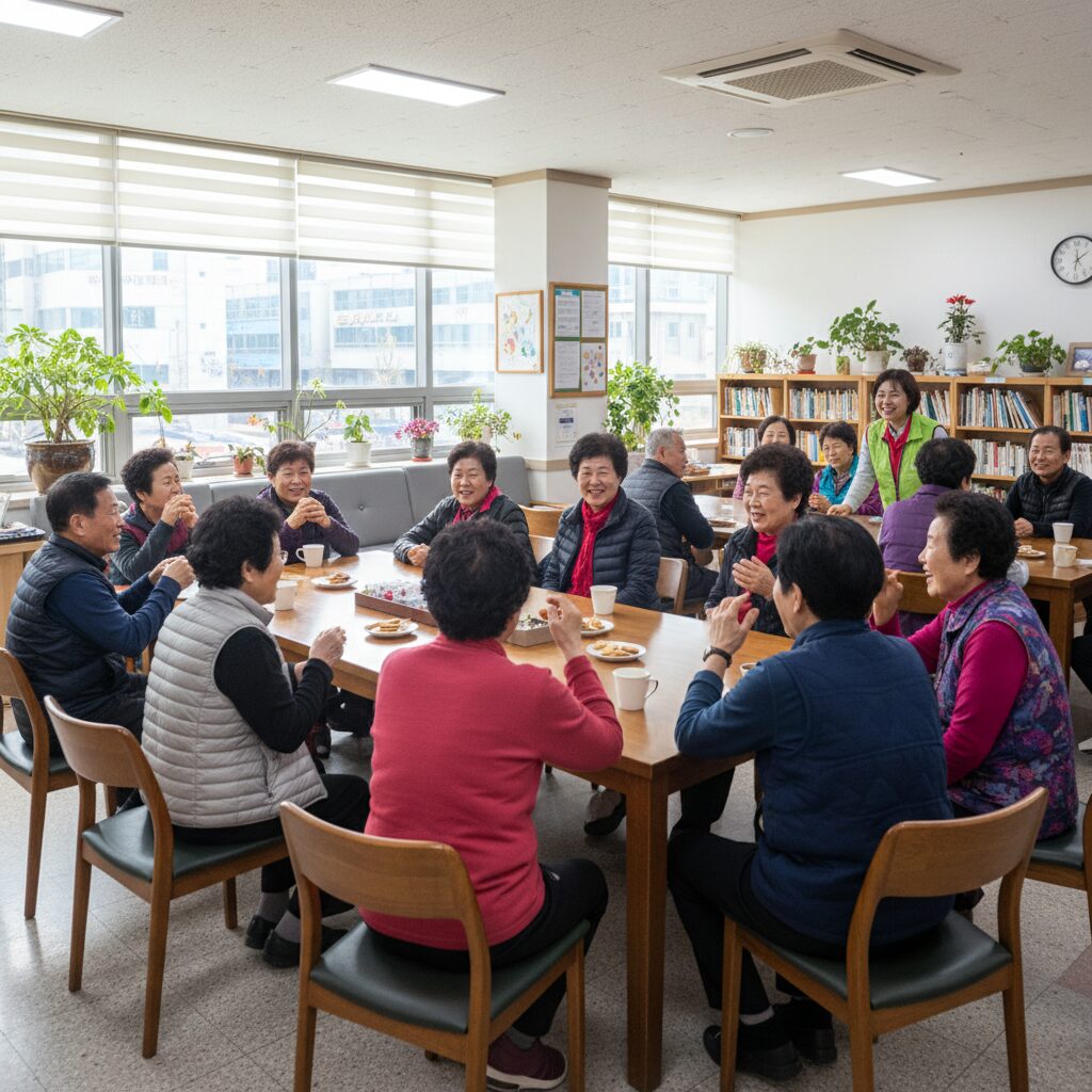 동네 주민들이 복지관에서 함께 모여 이야기하고 있는 모습