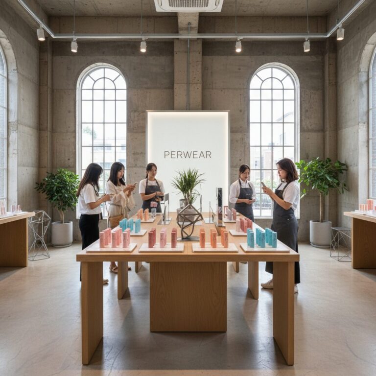 성수동 페르웨어 팝업스토어 내부 전경, 립그립 제품이 진열된 모습