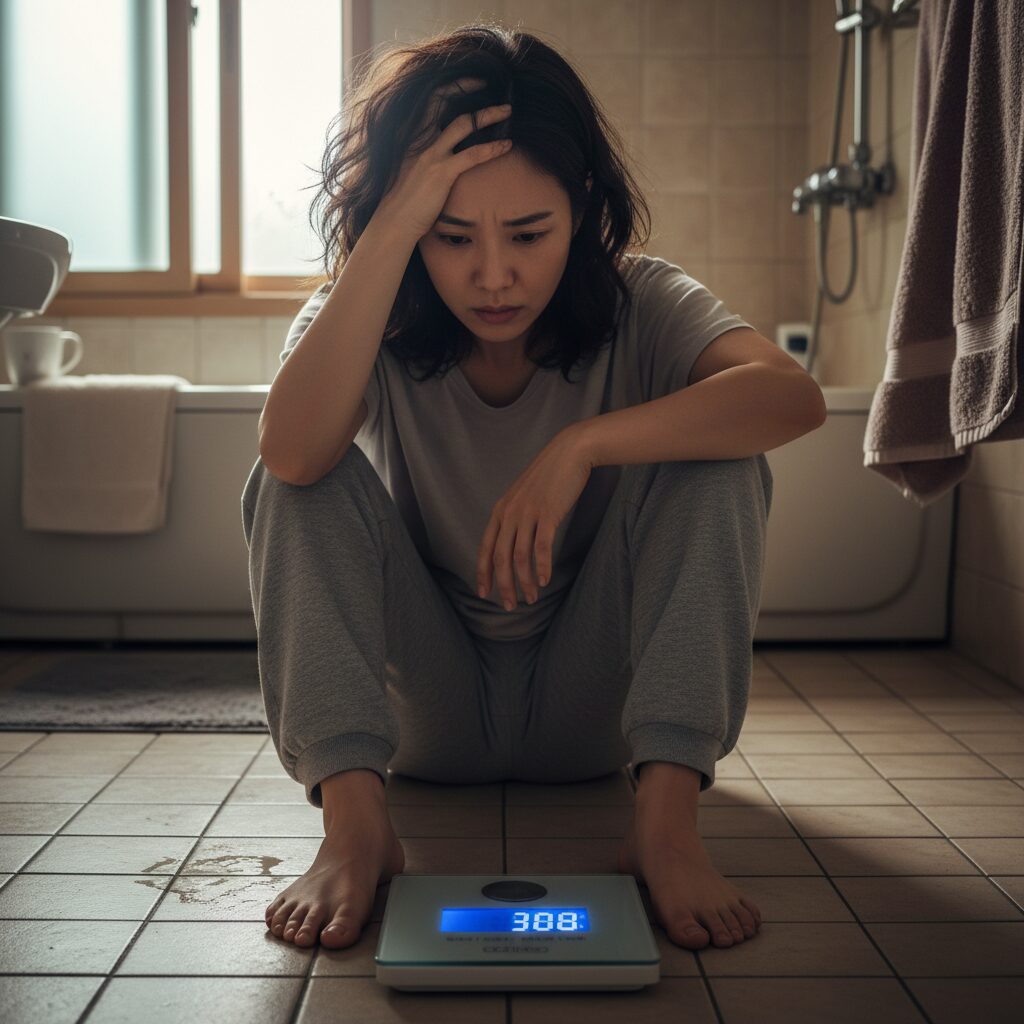 움직이지 않는 체중계 숫자를 바라보며 스트레스 받는 여성