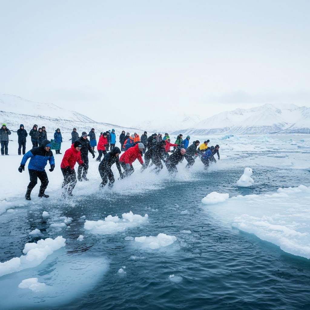 북극곰축제 참가자들이 찬 바다에 뛰어들고 있는 순간