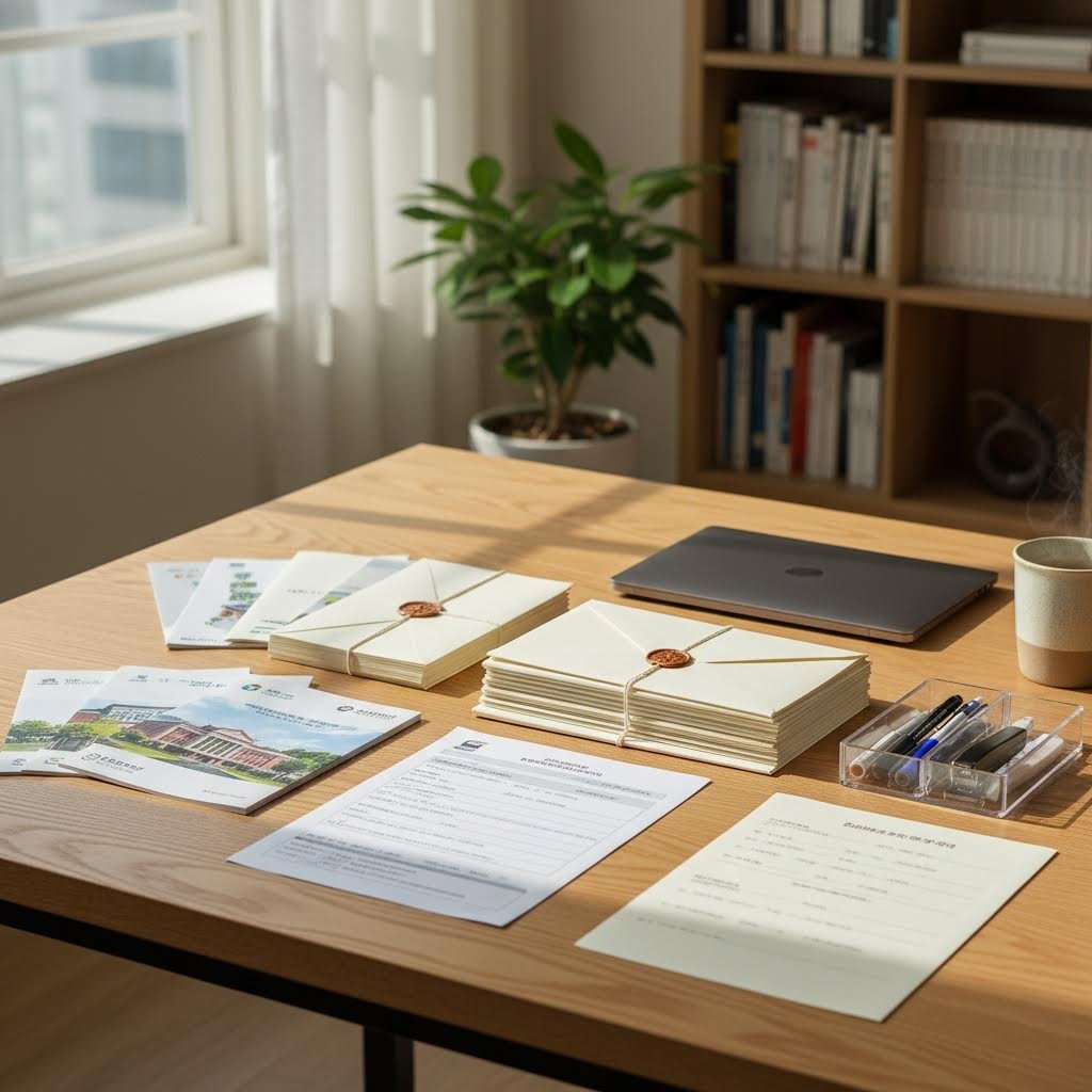 입학 서류와 안내문을 책상 위에 정리해 놓은 모습