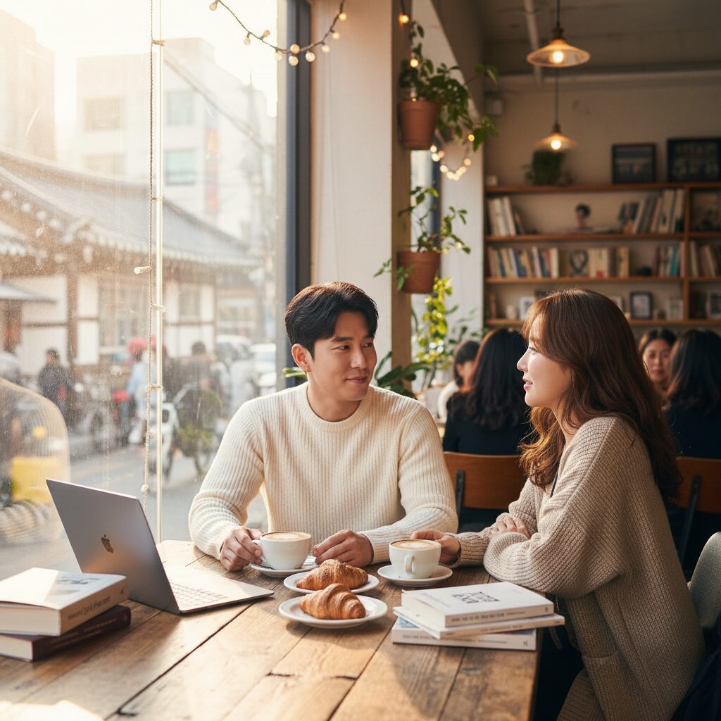 화이트 블라우스와 연청 데님에 플로럴 퀼팅 베스트를 레이어드한 여성스러운 코디