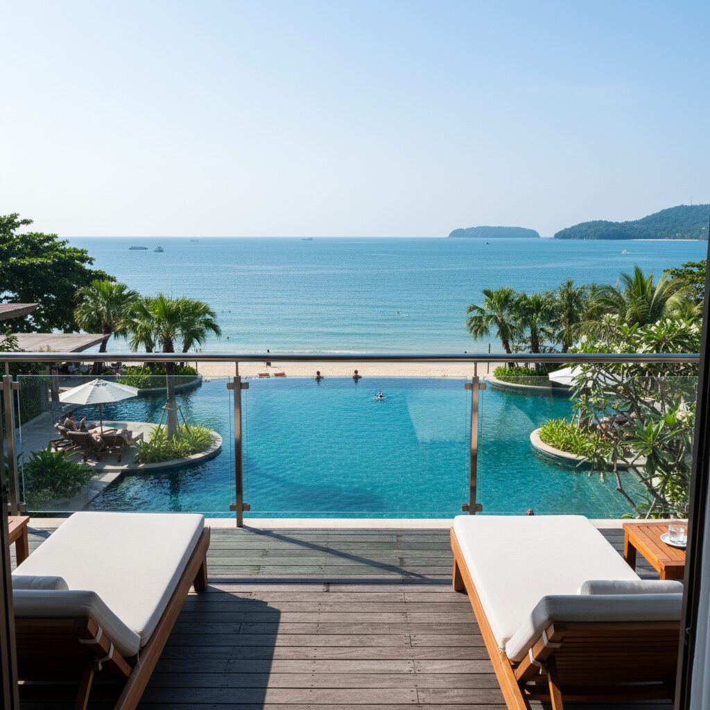 리조트 오션뷰 객실 테라스에서 바라본 푸른 바다와 수영장 풍경