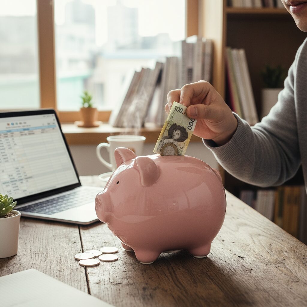 월급에서 작은 금액을 저축하는 모습을 상징하는 돼지저금통