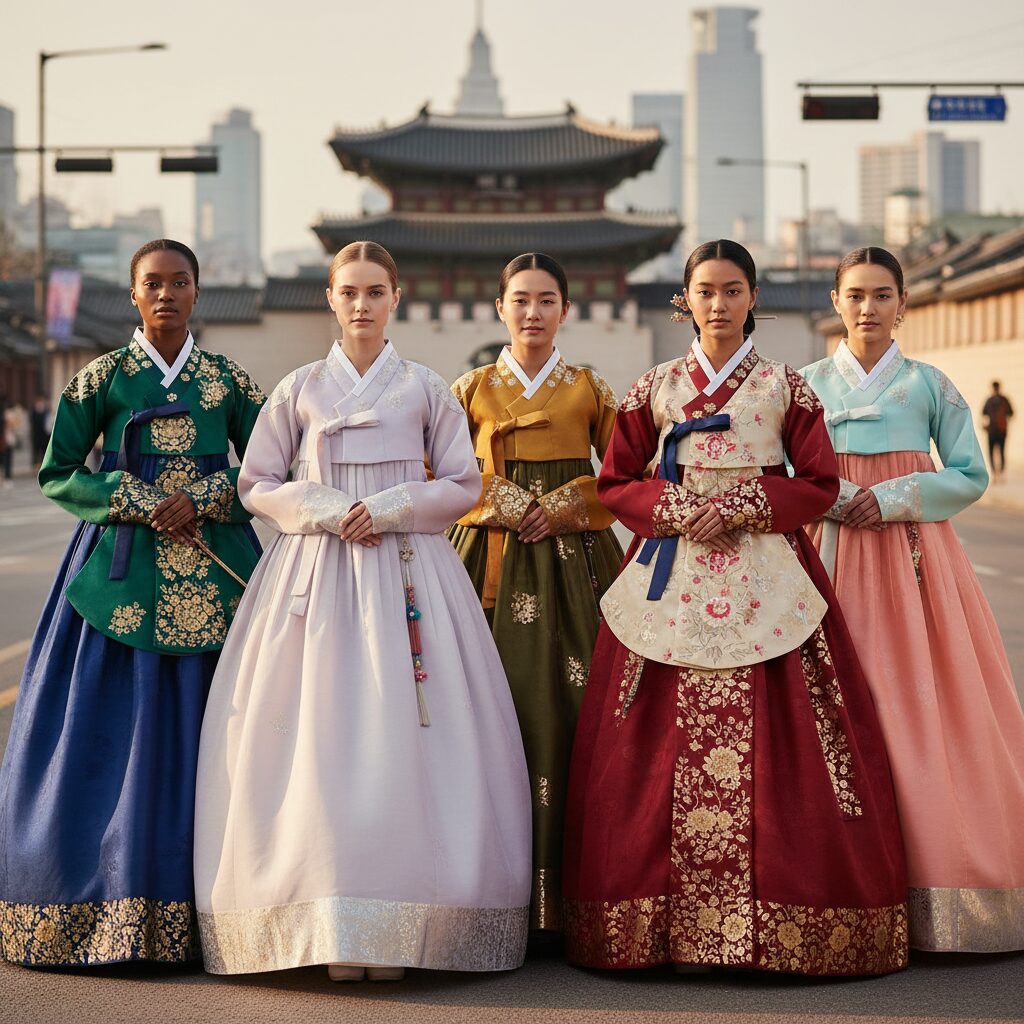 다양한 피부톤 모델이 각자 잘 어울리는 색상의 한복을 입고 포즈를 취한 사진