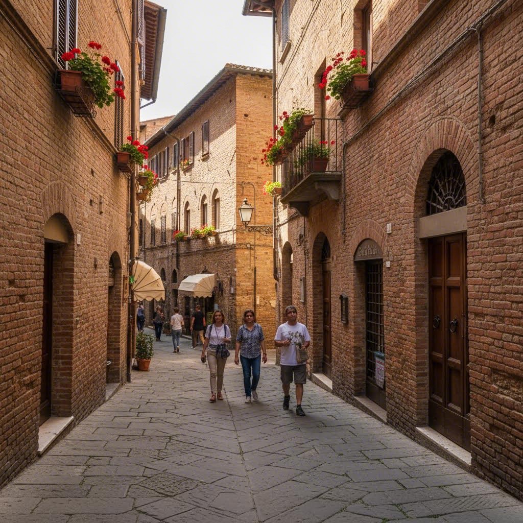 시에나 중세 골목 붉은 벽돌 건물과 돌길