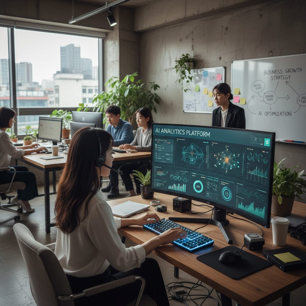 중소기업 사무실에서 직원이 AI 분석 도구를 사용하는 장면