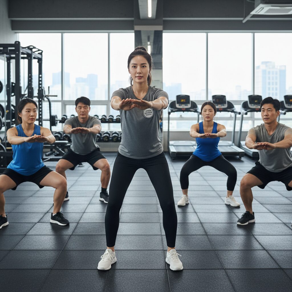스포츠지도사 자격증을 가진 여성이 헬스장에서 운동을 지도하는 모습