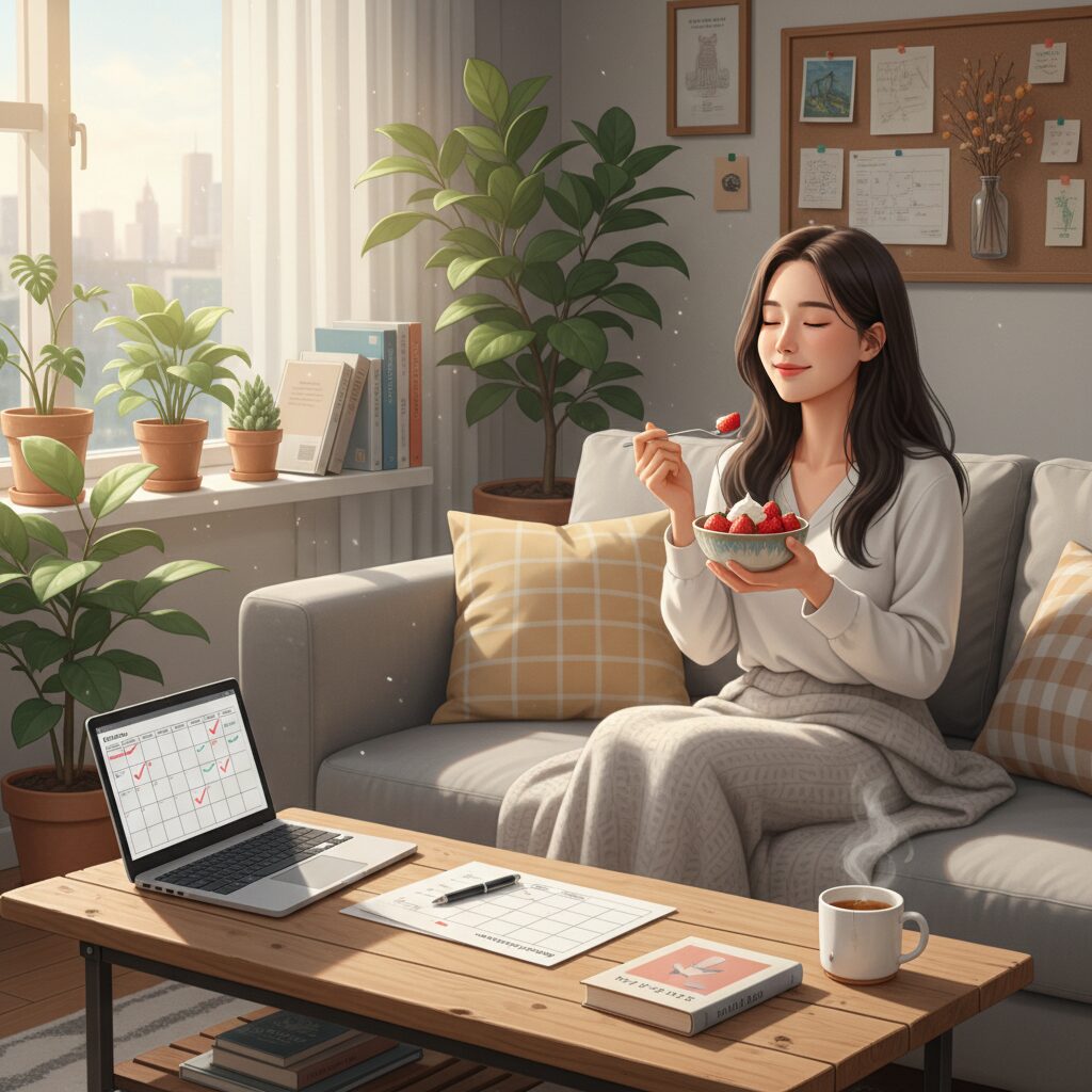 갓생 루틴 성공 후 자신에게 주는 작은 보상 일러스트