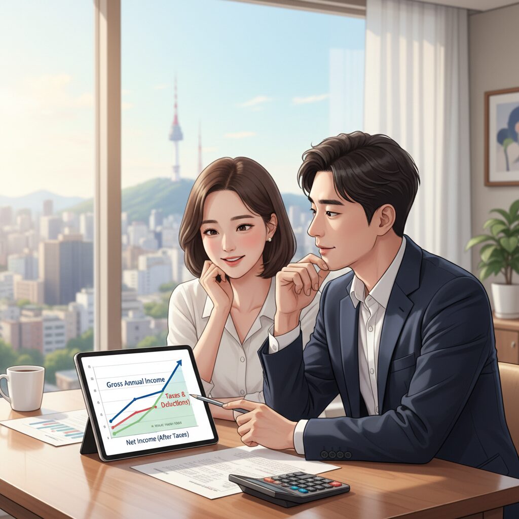 연봉 증가에 따른 세금과 실수령액 변화를 보여주는 일러스트