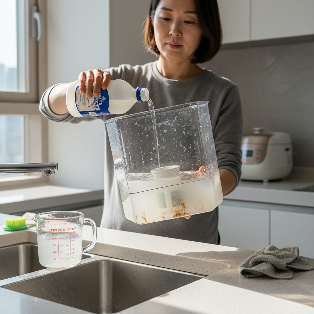 가습기 물탱크에 식초물을 담가 물때를 제거하는 과정