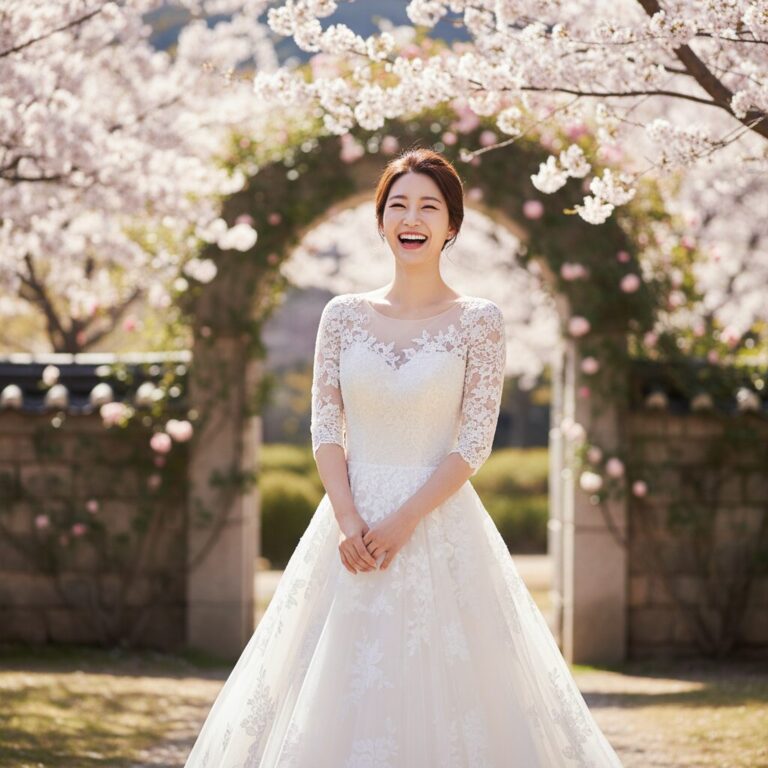 다이어트 성공 후 웨딩드레스를 입고 밝게 웃는 여성