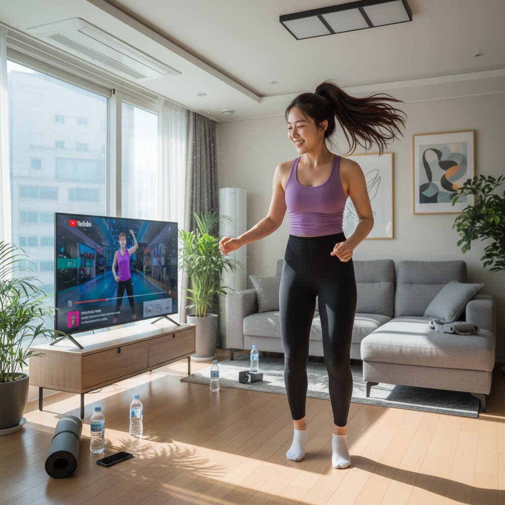 집 안에서 유튜브 영상을 보며 즐겁게 댄스 유산소 운동하는 모습