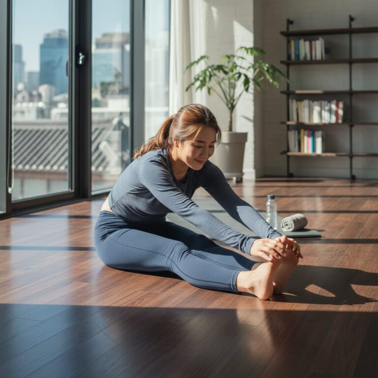 운동 후 바닥에 앉아 편안하게 마무리 스트레칭을 하는 모습