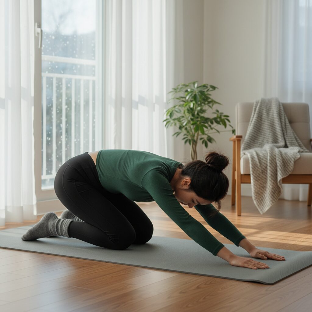 겨울 홈트레이닝 준비 운동으로 허리 스트레칭하는 모습
