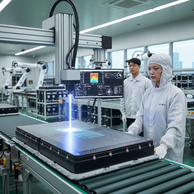 산업용 레이저로 전기차 배터리 검사 장면을 묘사한 개념 이미지