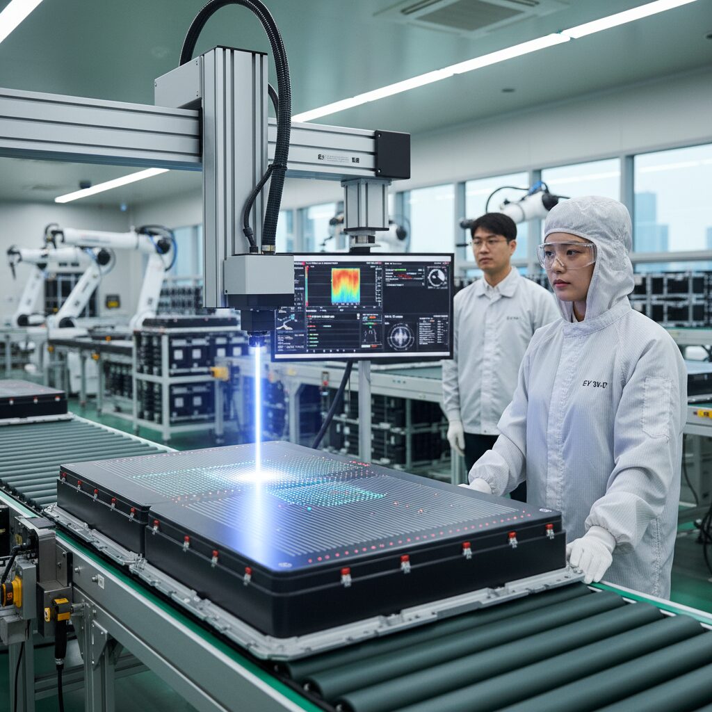 산업용 레이저로 전기차 배터리 검사 장면을 묘사한 개념 이미지