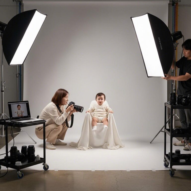 스튜디오에서 아기 증명사진 촬영하는 모습