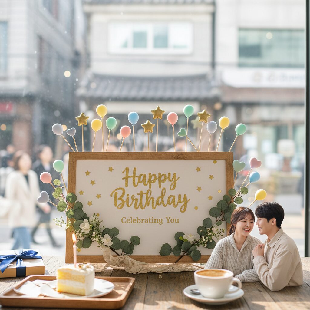 풍선 토퍼로 장식된 생일판 예시
