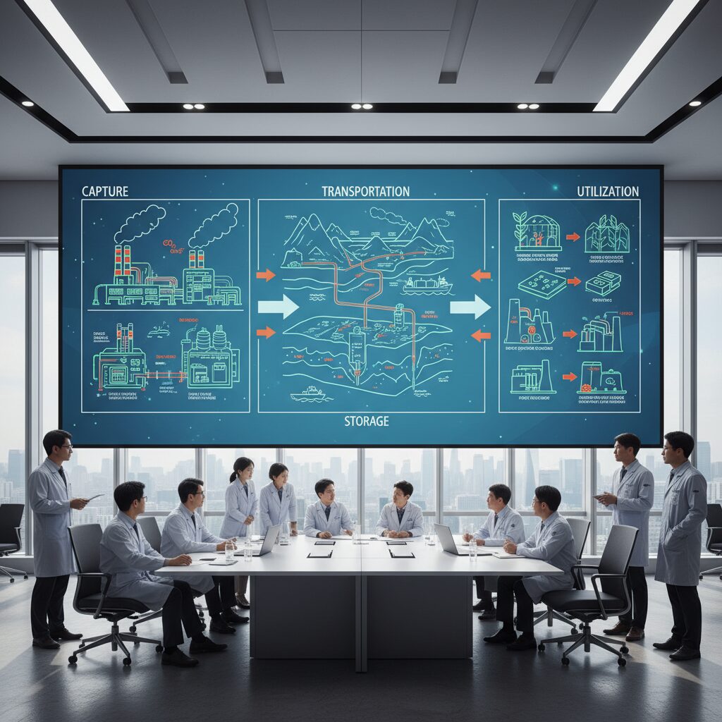탄소포집 기술 CCUS 원리와 미래 전망 CCUS 기술의 전과정을 보여주는 다이어그램, 포집 운송 저장 활용 단계가 화살표로 연결되어 있음