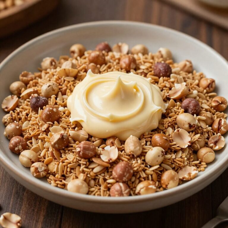 접시에 담긴 시리얼과 땅콩버터로 만든 바삭한 강정